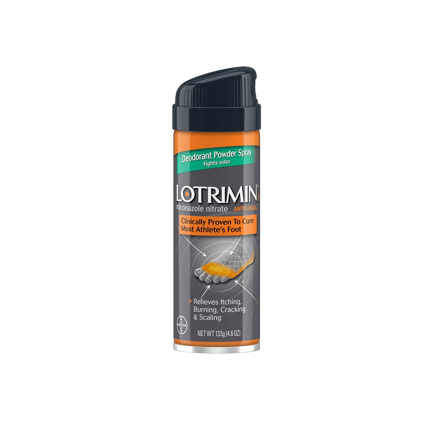 envase gris y negro del lotrimin deodorant powder spray para el pie de atleta