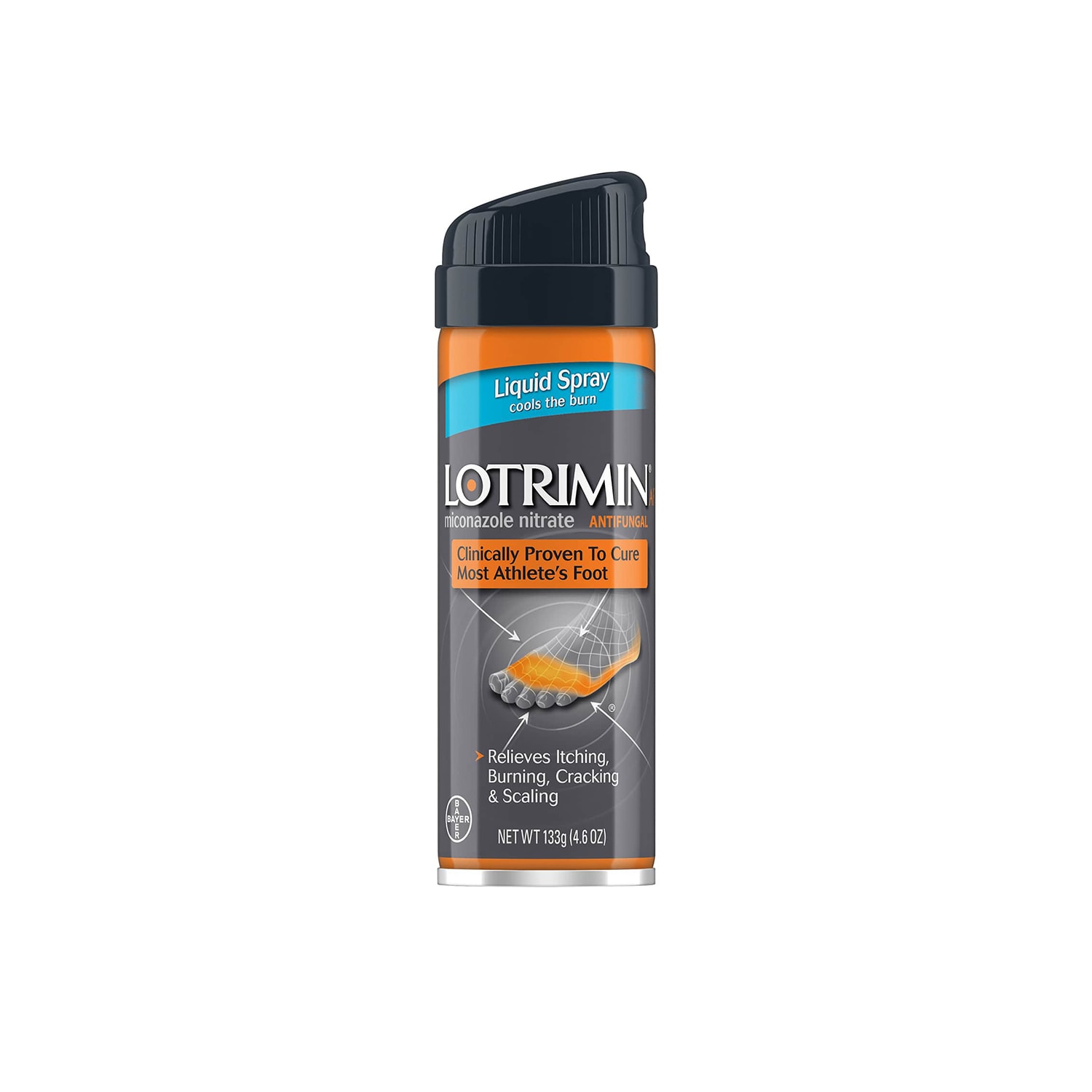 envase gris y negro del lotrimin deodorant liquid spray para el pie de atleta