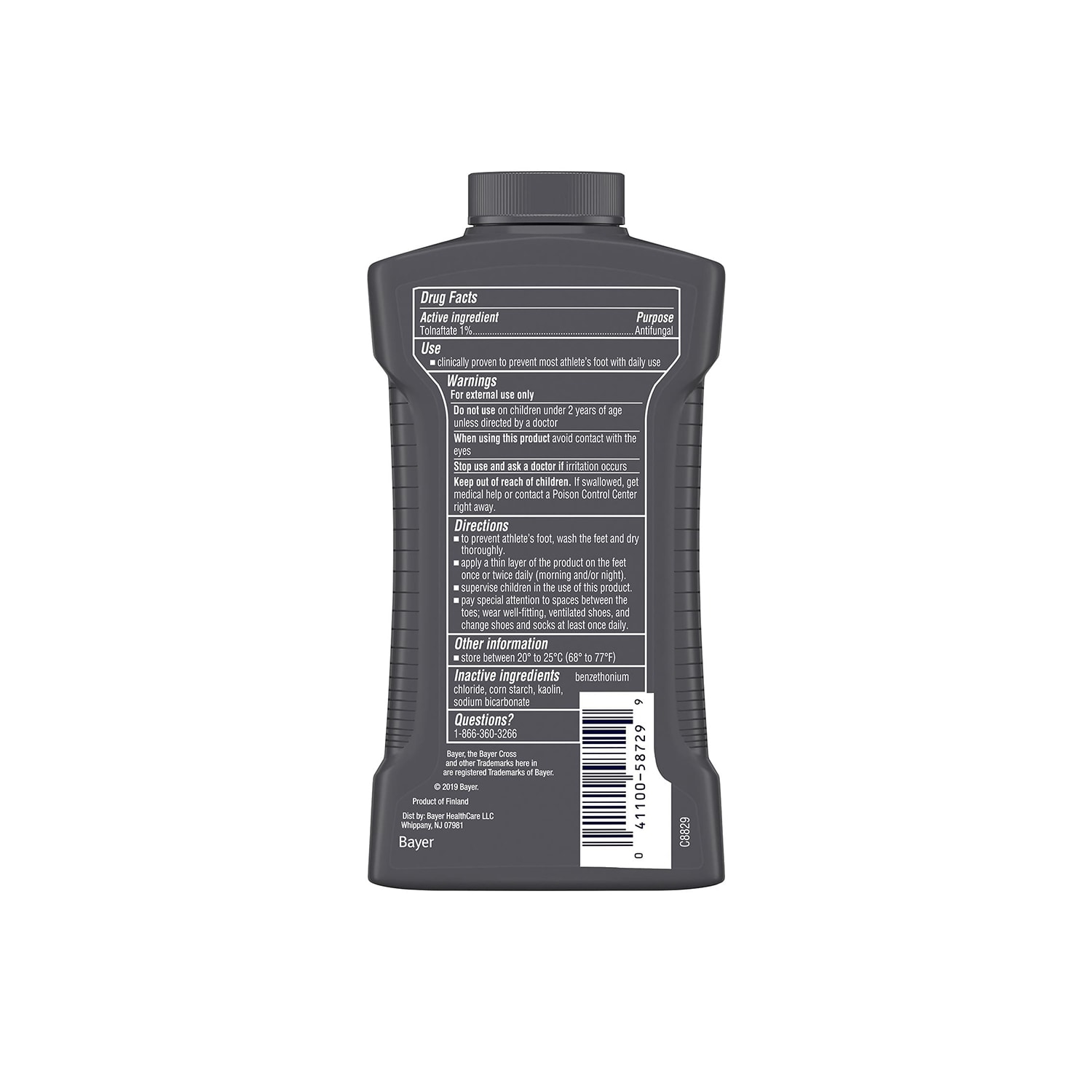 back of grey bottle of lotrimin athlete's foot powder spray
