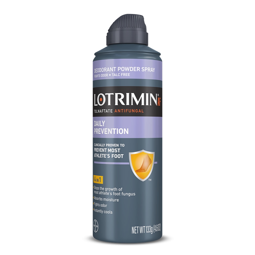 Gray can of Lotrimin® AF Athlete’s Foot Daily Prevention Deodorant Powder Spray